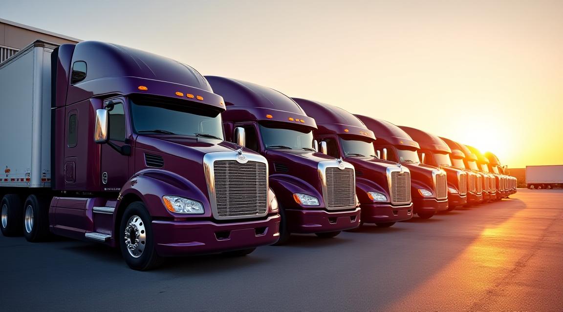 A line of modern purple and black semi-trucks parked at sunset