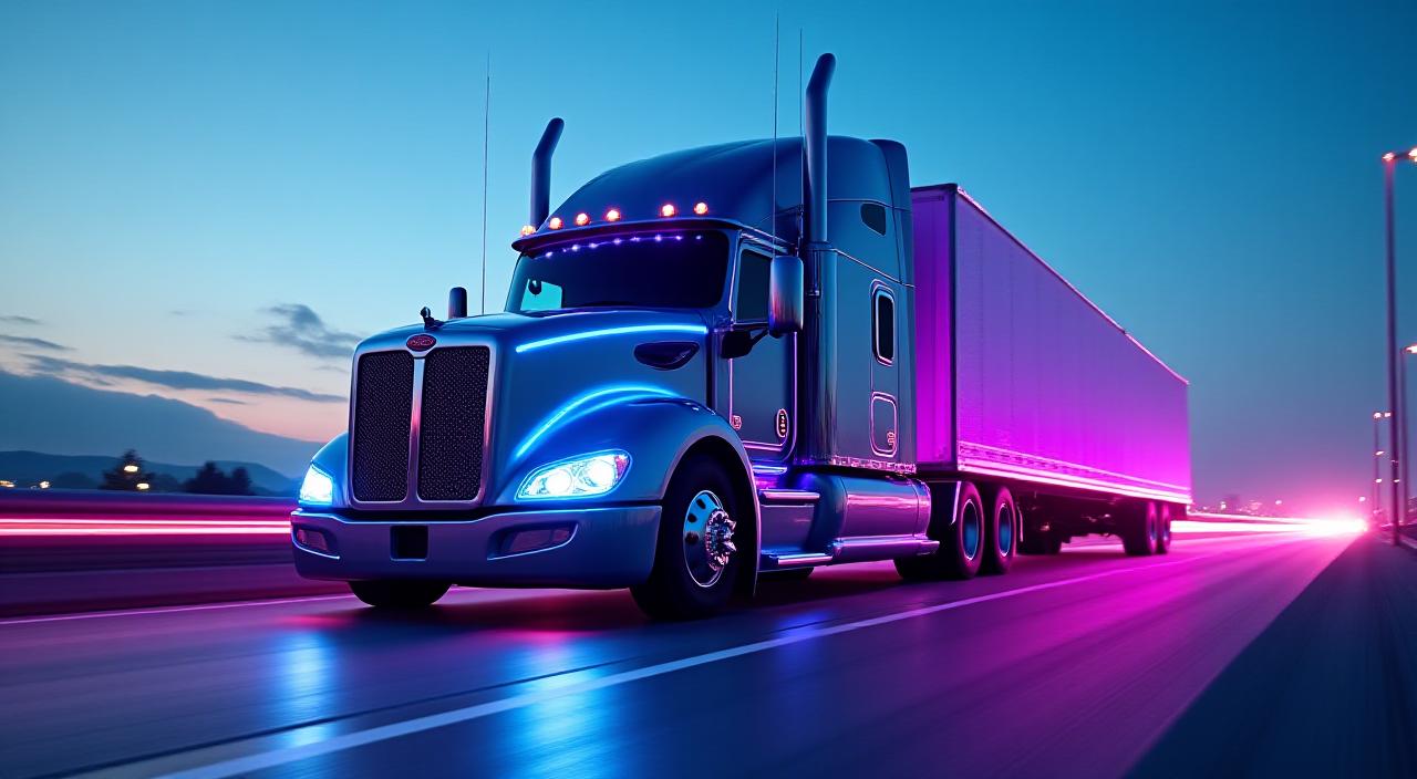 A vibrant, modern semi-truck reflecting colorful neon lights on a sleek highway
